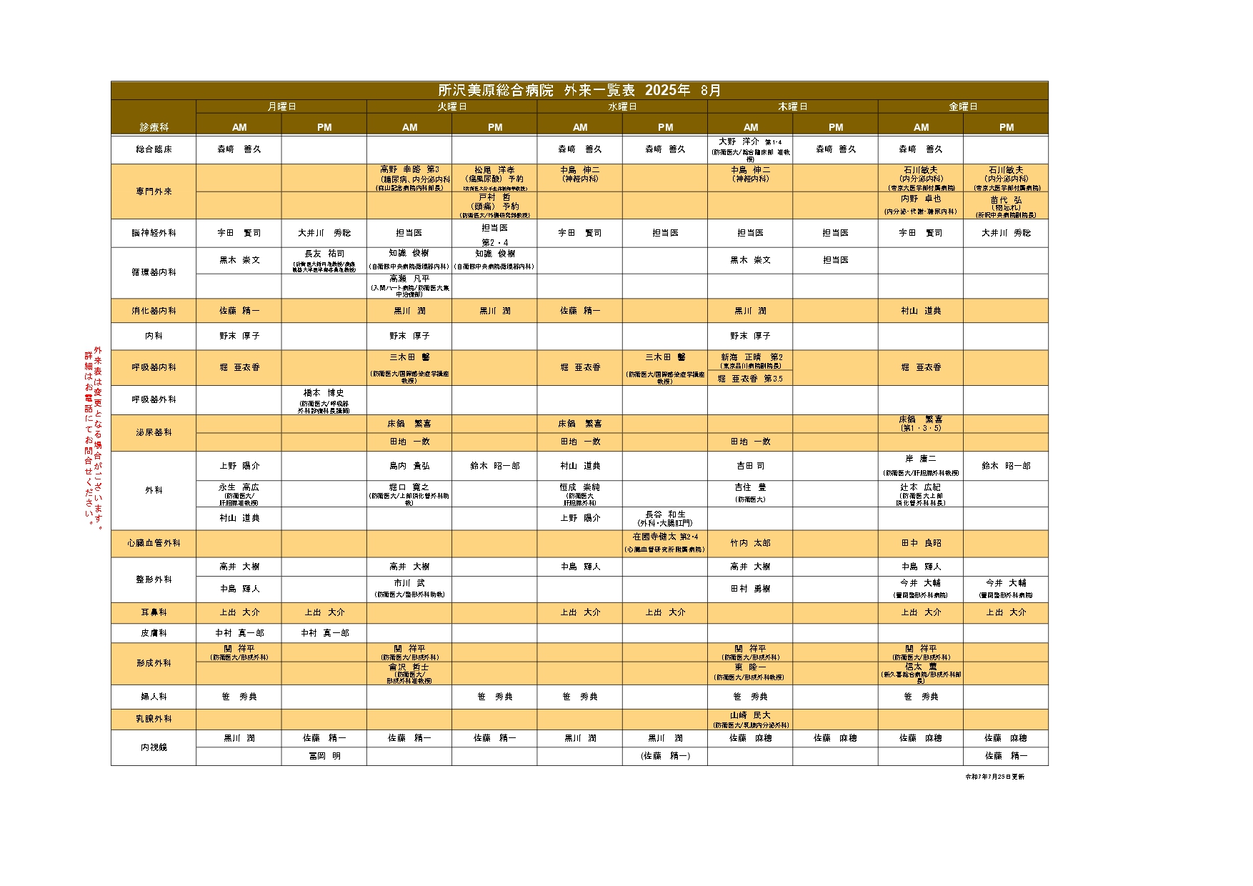 外来担当医表